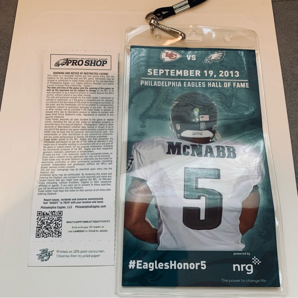 NFL EAGLES PHILADELPHIA Hall of Fame Ticket McNabb Lanyard with the Game Ticket - Picture 2 of 12